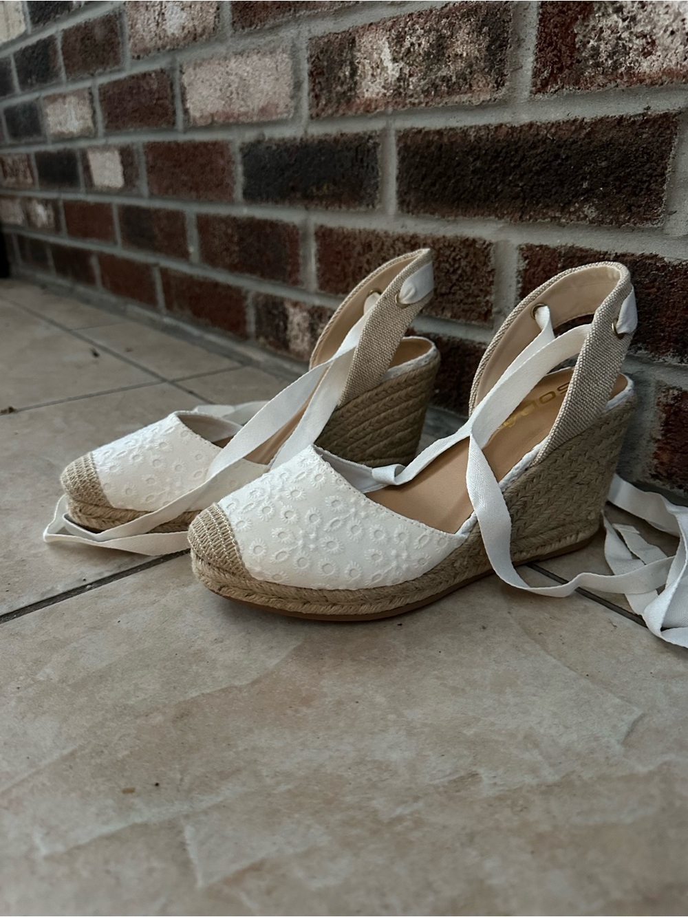 Soda White Embroidered Espadrille Wedge Sandals with Lace Ties- NEVER WORN